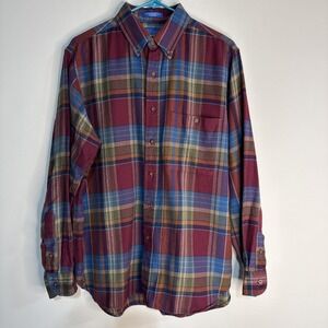 Vtg Pendleton Shirt Mens L Plaid LOBO Red Blue Aztec Wool Blend Flannel USA